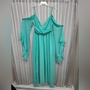 Mint swiss dot cold-shoulder maxi dress bell sleeves deep V-neckline Size L NWT